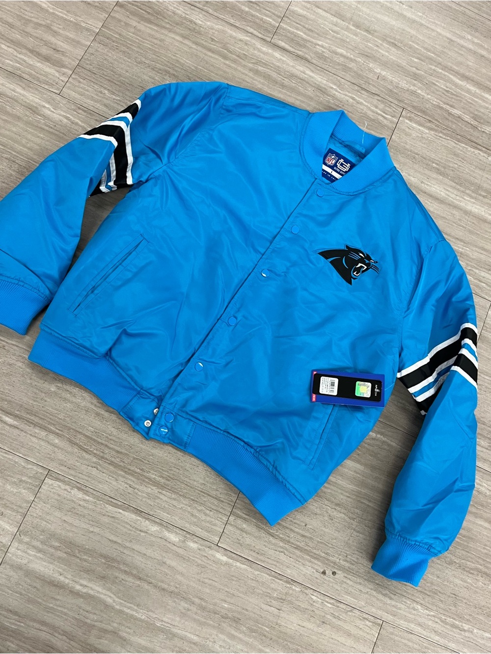 New NWT Teal Black $135 Carolina Panthers NFL Track Bomber Sewn Snap jacket M/L